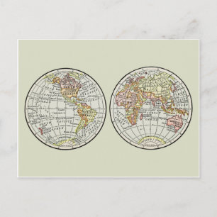 Vintage 1916 World Map Globe Hemispheres Poster Postcard
