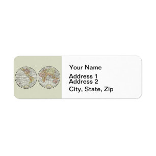 Vintage 1916 World Map Globe Hemispheres Poster Return Address Label