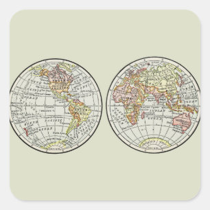 Vintage 1916 World Map Globe Hemispheres Poster Square Sticker
