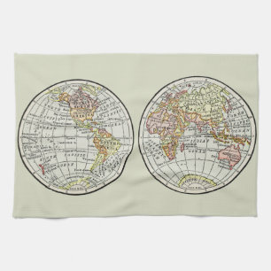 Vintage 1916 World Map Globe Hemispheres Poster Tea Towel