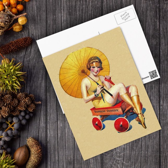 Vintage 1920’s Flapper Lady Umbrella Wagon Bathing Postcard (Vintage bathing beauty Yellow swimsuit parasol in red wagon on tan postcard.)