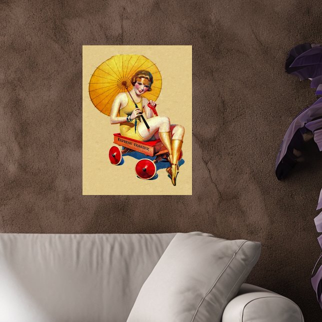 Vintage 1920’s Flapper Lady Umbrella Wagon Bathing Poster (Vintage bathing beauty in swimsuit sitting in little red wagon in tan wall art poster.)