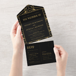 Vintage 1920s art deco geometric wedding all in one invitation