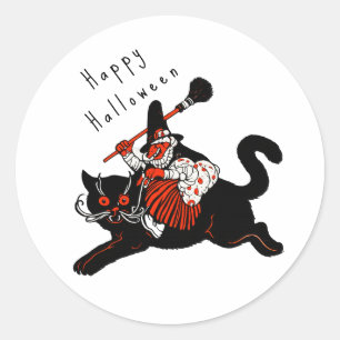 Vintage 1920s Art Deco Witch Black Cat Halloween Classic Round Sticker