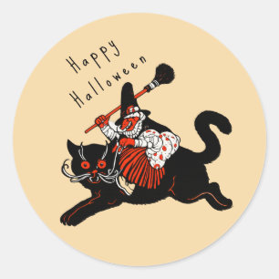 Vintage 1920s Art Deco Witch Black Cat Halloween Classic Round Sticker