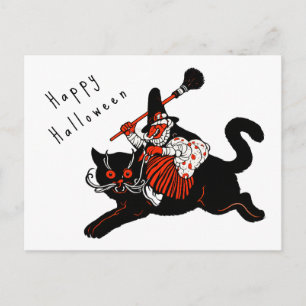 Vintage 1920s Art Deco Witch Black Cat Halloween Postcard