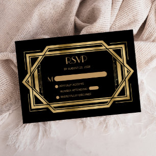 Vintage 1920s Deco Black Gold Wedding RSVP Enclosure Card