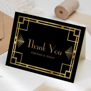 Vintage 1920s Deco Black Gold Wedding Thank You Card