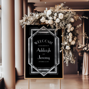 Vintage 1920s Deco Black Silver Wedding Welcome Poster