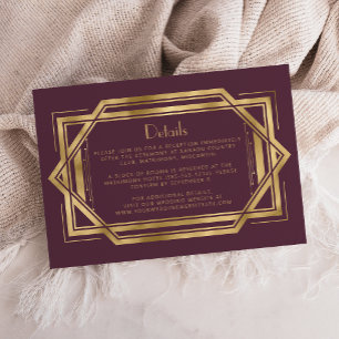 Vintage 1920s Deco Burgundy Gold Wedding Details Enclosure Card