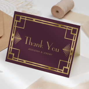 Vintage 1920s Deco Burgundy Gold Wedding Thank You Card