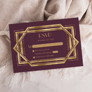 Vintage 1920s Deco Burgundy Red Gold Wedding RSVP Enclosure Card