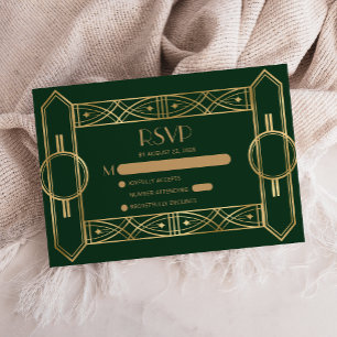 Vintage 1920s Deco Dark Green Gold Wedding RSVP Enclosure Card