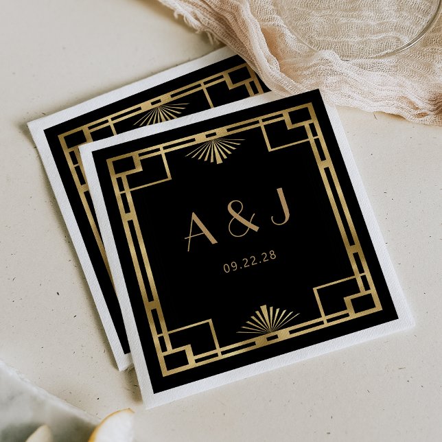 Vintage 1920s Deco Frame Gold Black Wedding Napkin (Creator Uploaded)