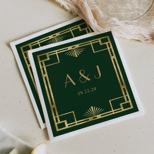 Vintage 1920s Deco Frame Gold Dark Green Wedding Napkin