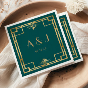 Vintage 1920s Deco Frame Gold Teal Wedding Napkin