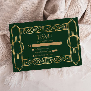 Vintage 1920s Deco Green Gold Wedding RSVP Enclosure Card