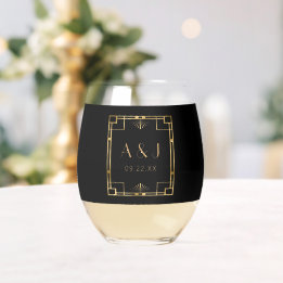 Vintage 1920s Deco Monogram Black Gold Wedding Stemless Wine Glass