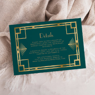 Vintage 1920s Deco Teal Gold Wedding Details Enclosure Card