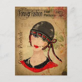 Vintage 1920s Fashion Woman in Hat Floral French Postcard