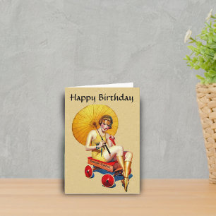 Vintage 1920s Flapper Lady Umbrella Wagon Birthday Card