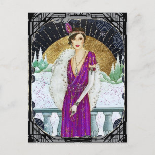 Vintage 1920s Purple Dress Winter Flapper Lady Holiday Postcard