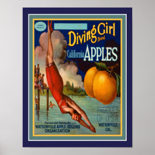 Vintage, 1930's Diving Girl California Apples Poster