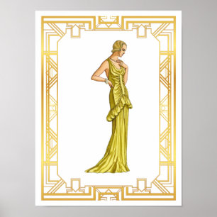 Vintage 1930s Fashion Gold Hollywood Gown Art Poster
