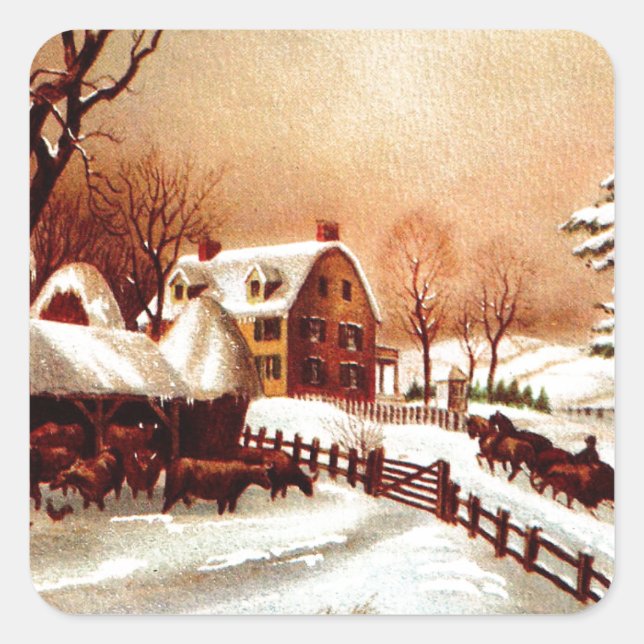 Vintage 1930s Winter Country Scene Square Sticker (Front)