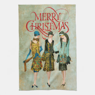 Vintage 1930's Women Christmas Greeting Tea Towel
