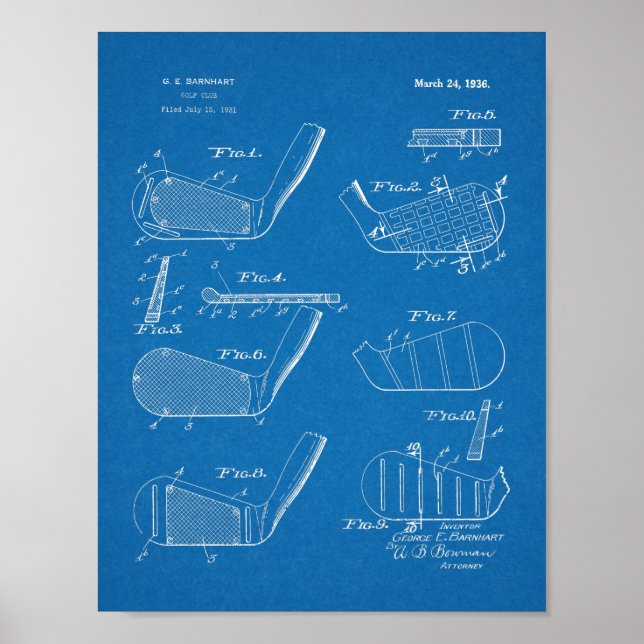 Vintage 1936 Golf Clubs Design Patent Art Print (Front)