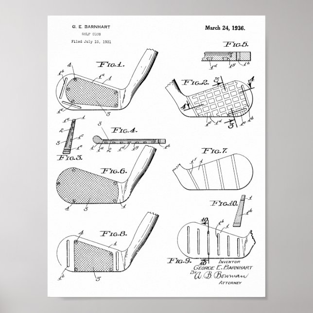 Vintage 1936 Golf Clubs Design Patent Art Print (Front)