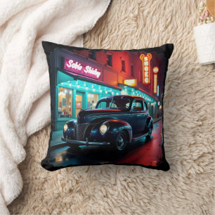 Vintage 1940s Classic Car Under Neon Lights Cushion