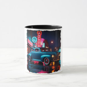 Vintage 1940s Classic Car Under Neon Lights Mug