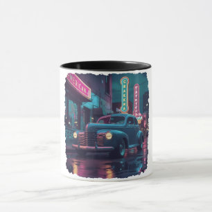 Vintage 1940s Classic Car Under Neon Lights Mug