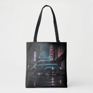 Vintage 1940s Classic Car Under Neon Lights Tote Bag