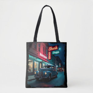 Vintage 1940s Classic Car Under Neon Lights Tote Bag