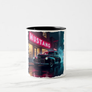 Vintage 1940s Classic Car Under Neon Lights Two-Tone Coffee Mug