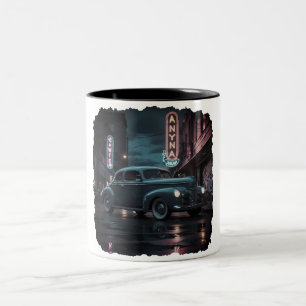Vintage 1940s Classic Car Under Neon Lights Two-Tone Coffee Mug