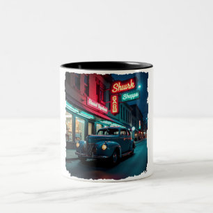 Vintage 1940s Classic Car Under Neon Lights Two-Tone Coffee Mug