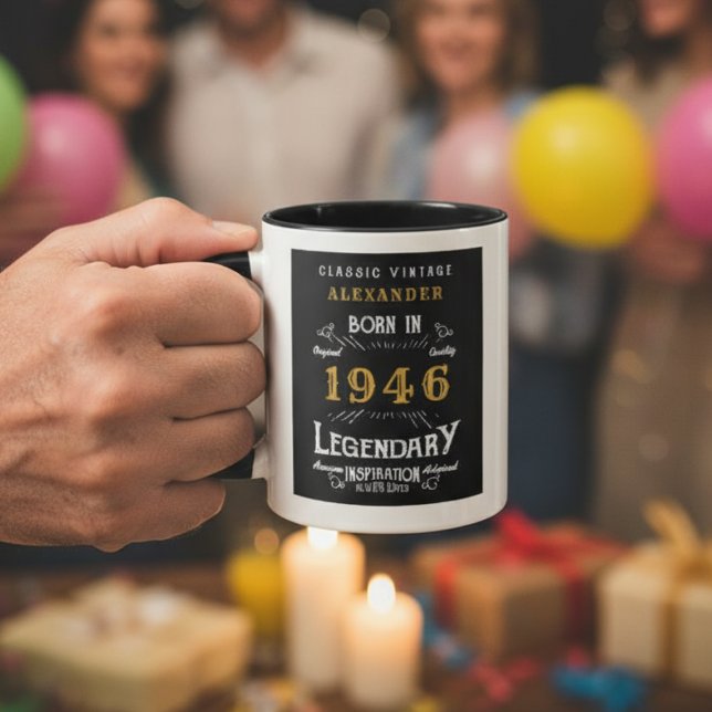 Vintage 1946 80th Birthday Gift Personalised Retro Mug (1946 Personalized mug with blurred background.)