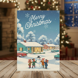 Vintage 1950 Christmas Card – Kids & Snowman