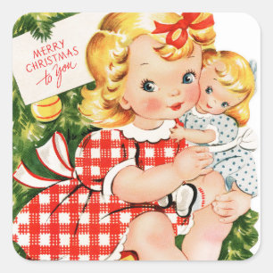 Vintage 1950 girl with doll square sticker