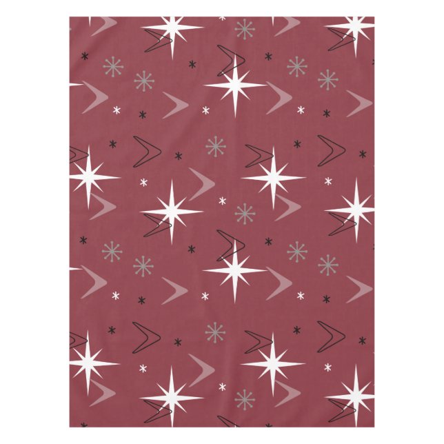 Vintage 1950s Boomerangs Stars Burgundy Tablecloth (Front)