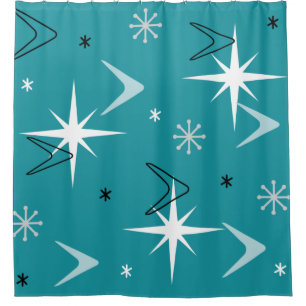 Vintage 1950s Boomerangs Stars Teal Shower Curtain