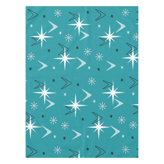 Vintage 1950s Boomerangs Stars Teal Tablecloth (Front)