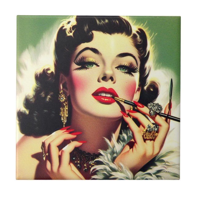 Vintage 1950s Glamour Girl Ceramic Tile (Front)
