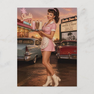Vintage 1950s Pin-Up Carhop Diner Waitress Postcard