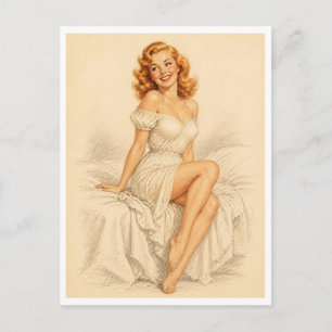 Vintage 1950s Pin-Up Girl Sketch Postcard