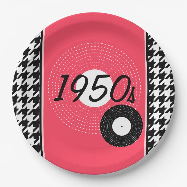 Vintage 1950s pink, black and white chequered paper plate (Front)